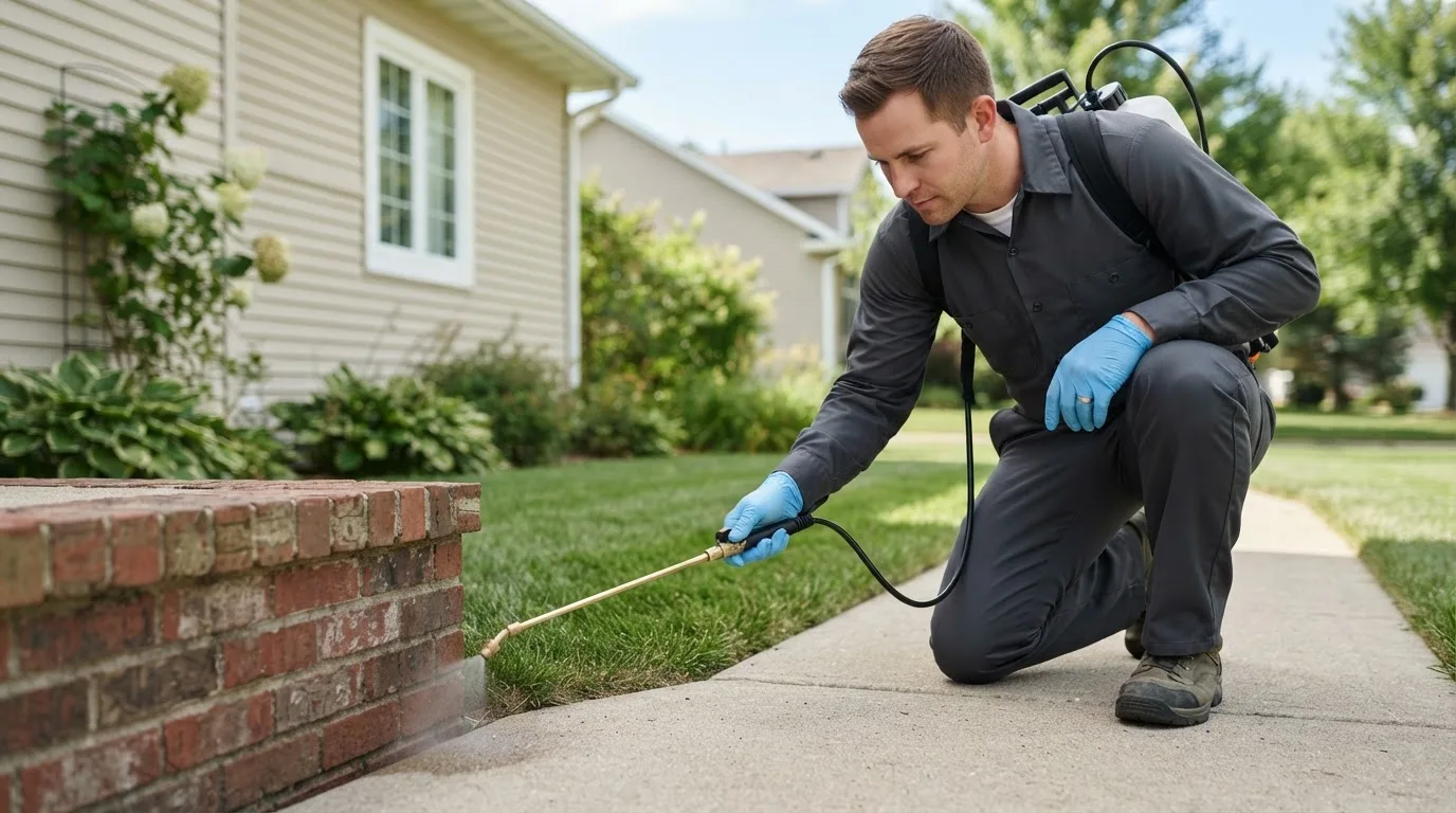 Pest control technician treating a home near New Market, IN